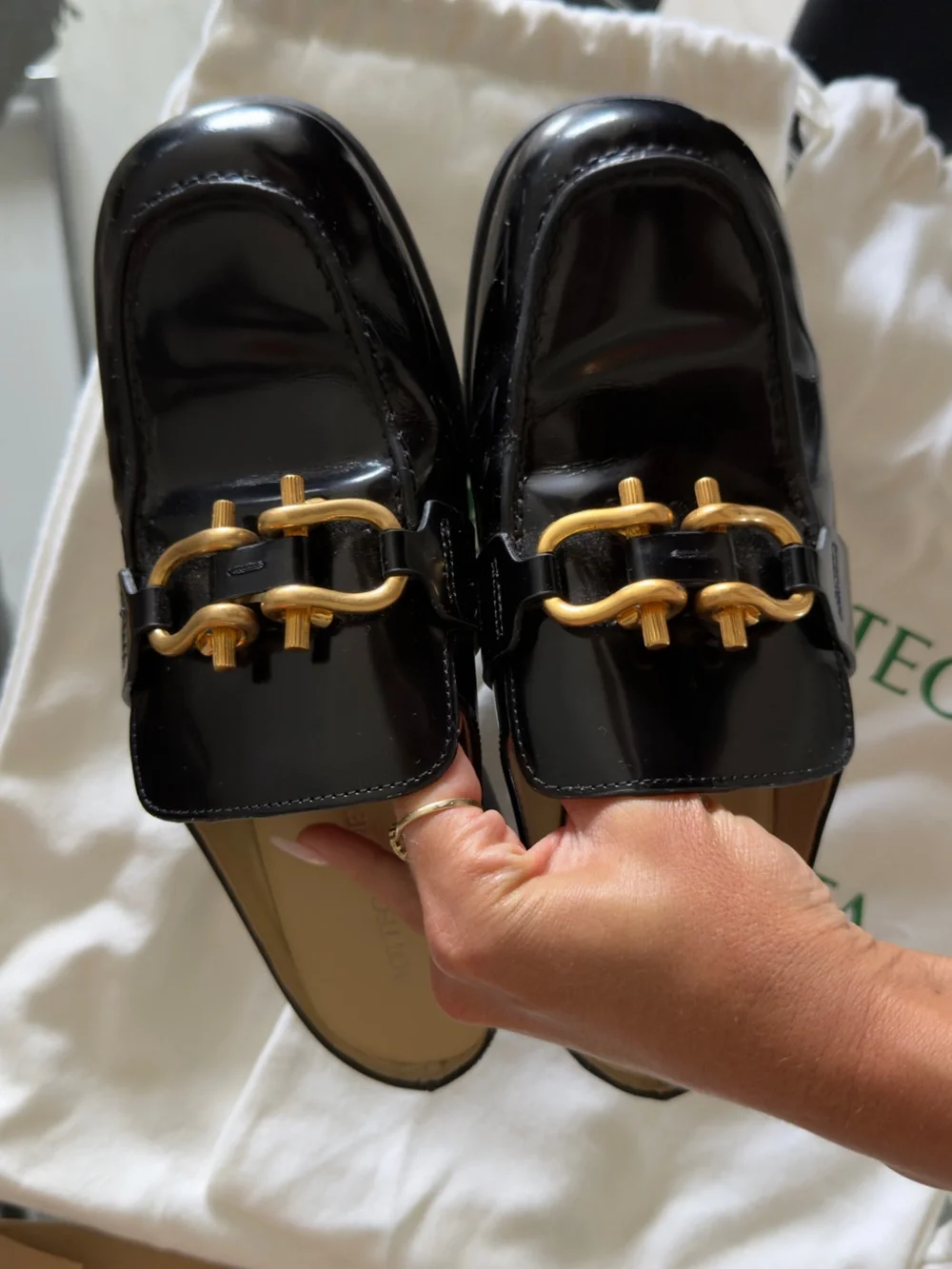 Bottega Veneta Black Patent Leather Loafers with Gold Horsebit